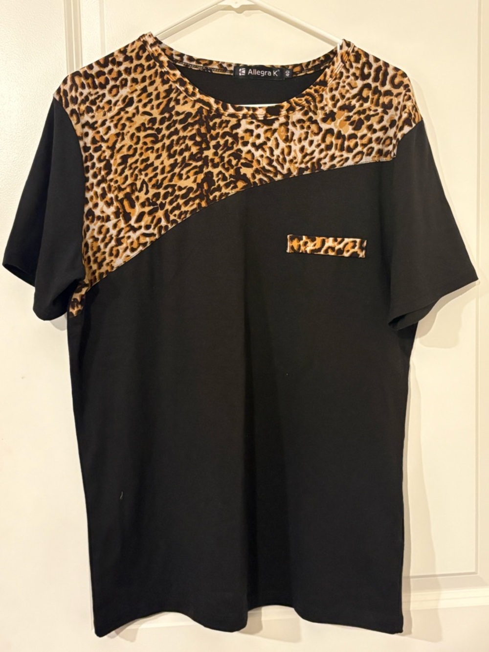 Allegra K Black Top with Leopard Print Yoke